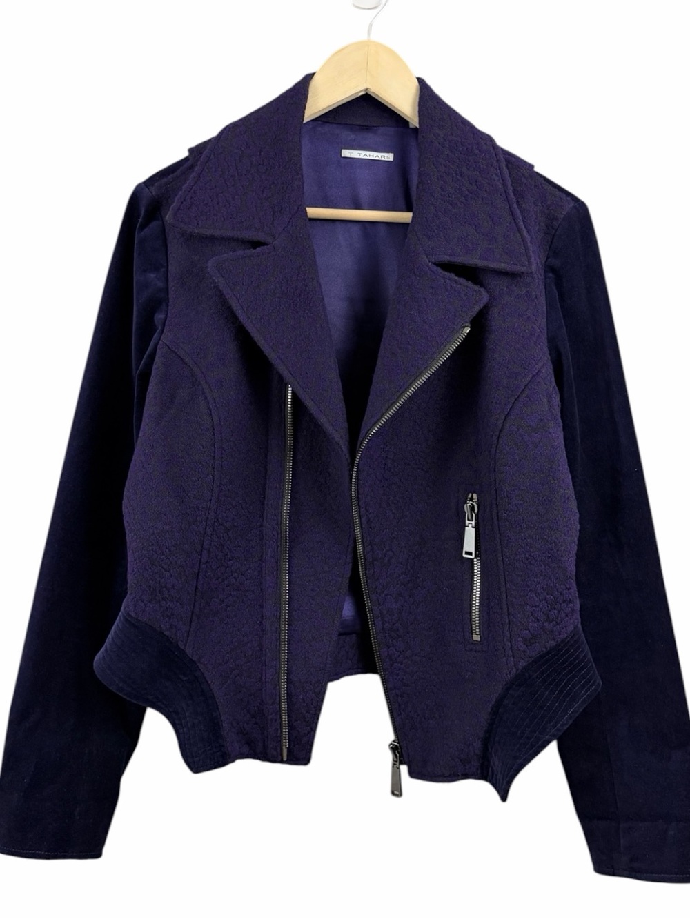 T Tahari Motto Style Wool Blend Velvet Sleeve Jacket Purple Size 12 - Picture 2 of 16
